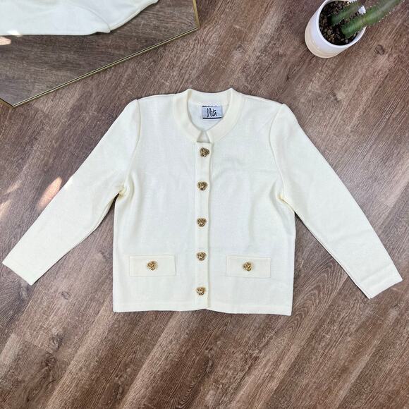 Mita Beautiful Vintage Cream Off White Acrylic Sweater Cardigan Gold Buttons - Picture 2 of 7